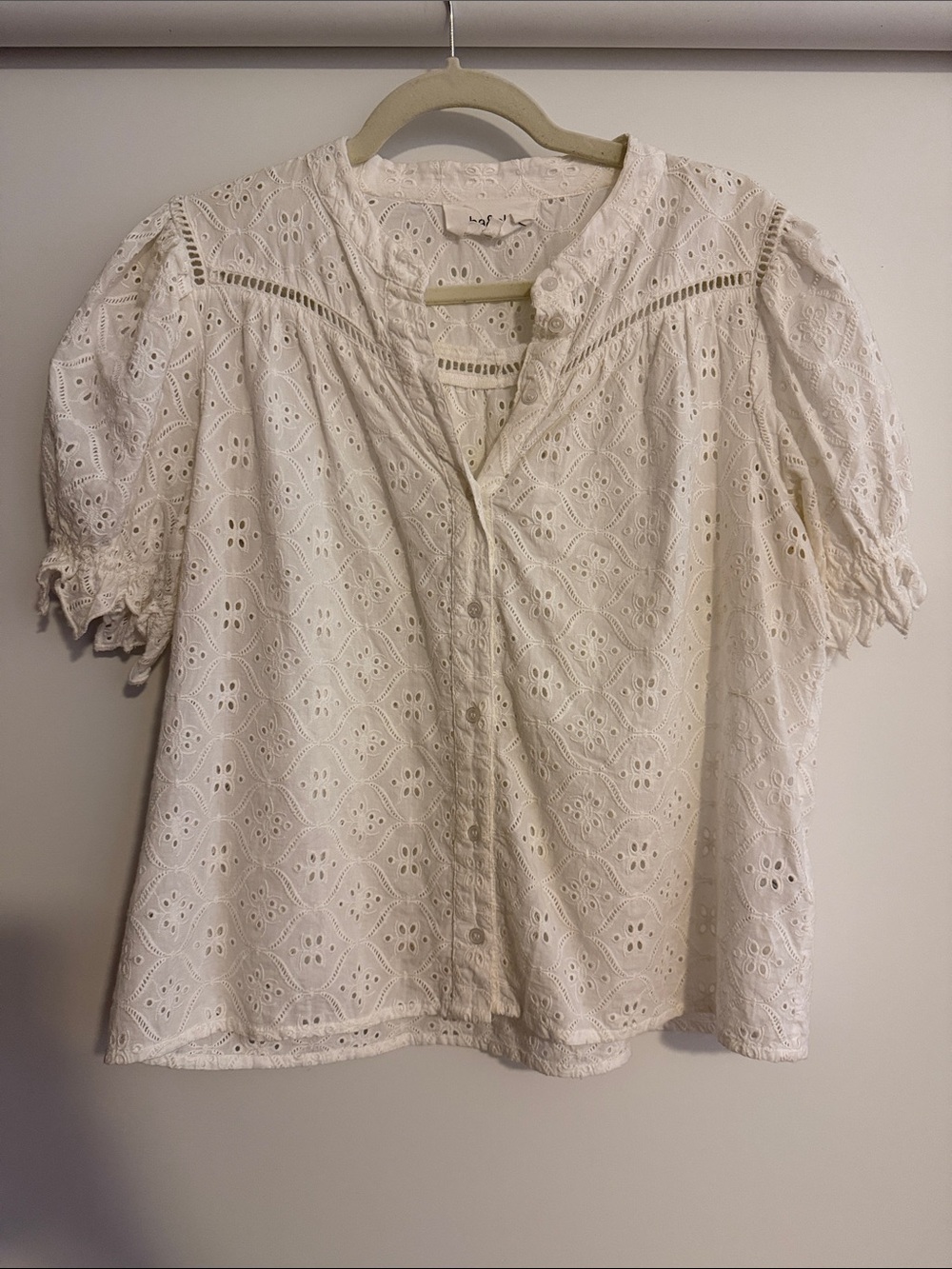 ba&sh White Eyelet Button-Front Cotton Blouse with Short Puff Sleeves